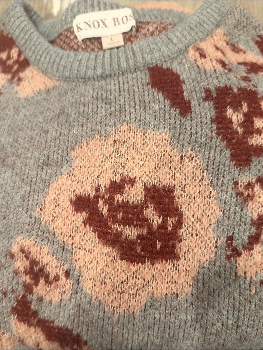 Knox Rose Blue Crewneck Sweater with Pink and Brown Floral Knit L